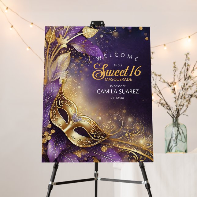 Masquerade Sweet 16 Welcome Purple Gold ID1032 Foam Board (In Situ (Stand))