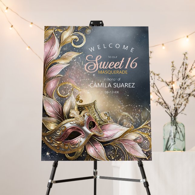Masquerade Sweet 16 Welcome Rose Gold ID1032 Foam Board (In Situ (Stand))