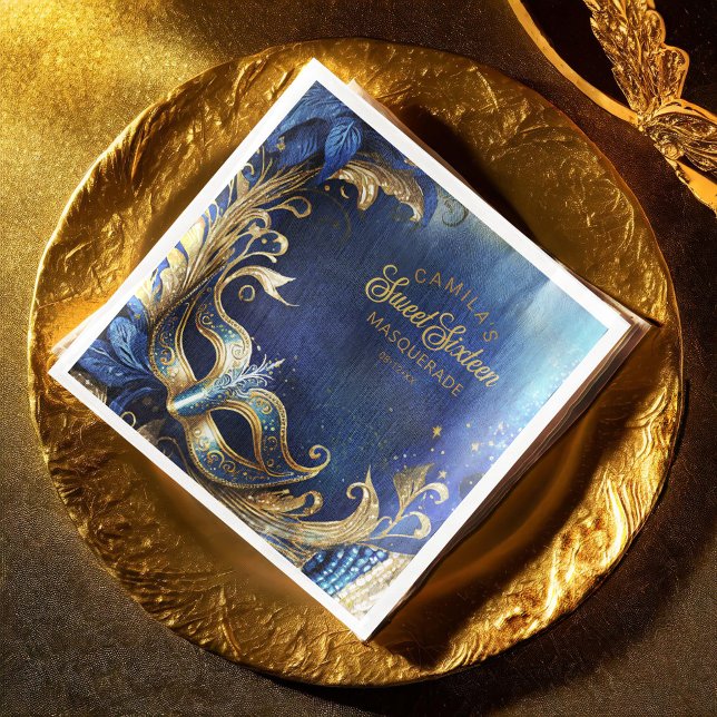Masquerade Sweet Sixteen Blue Gold ID1032 Paper Dinner Napkins (Creator Uploaded)