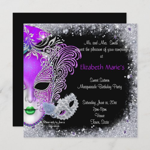 Masquerade Sweet Sixteen Glitter Invitation