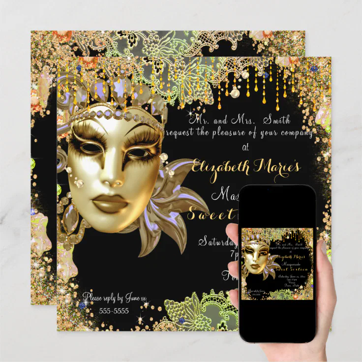 Masquerade Sweet Sixteen Gold Glitter Lace Invitation Zazzle