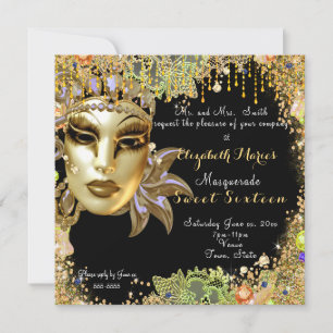 Masquerade, Sweet Sixteen, Gold Glitter Lace Invitation