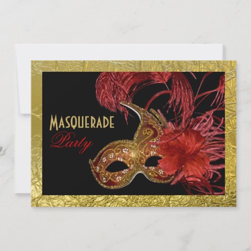 Masquerade Sweet Sixteen party red faux gold foil Invitation