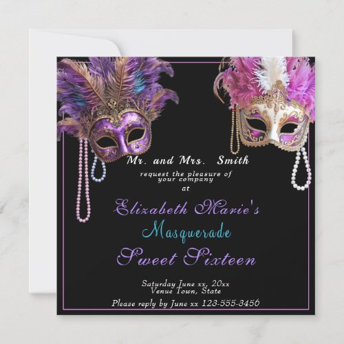 Masquerade Sweet Sixteen Pink Gold  Pearls Invitation