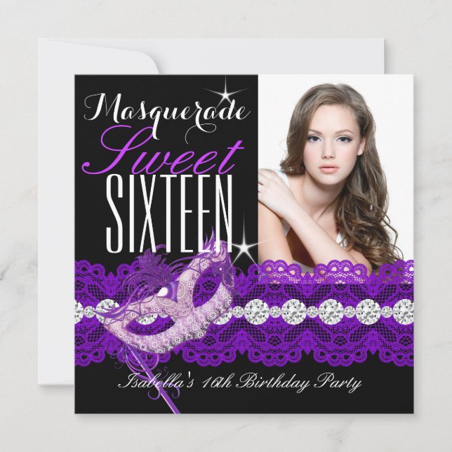 Masquerade Sweet Sixteen Sweet 16 Purple photo 2 Invitation (Front)