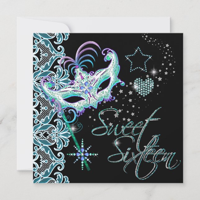 Masquerade Sweet Sixteen Sweet 16 Teal Black Invitation (Front)