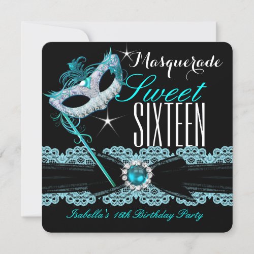 Masquerade Sweet Sixteen Sweet 16 Teal Blue 2 Invitation