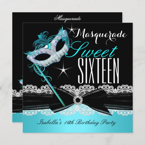 Masquerade Sweet Sixteen Sweet 16 Teal Blue 3 Invitation