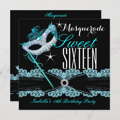 Masquerade Sweet Sixteen Sweet 16 Teal Blue Invitation