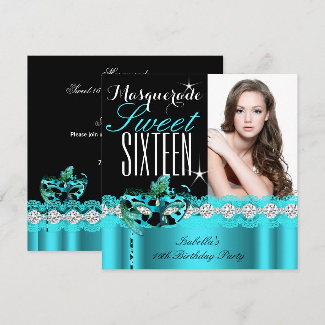 Masquerade Sweet Sixteen Sweet 16 Teal photo 2 Invitation (Front/Back)