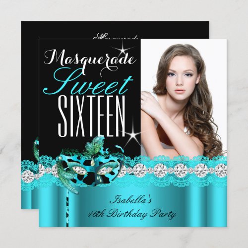 Masquerade Sweet Sixteen Sweet 16 Teal photo 2 Invitation