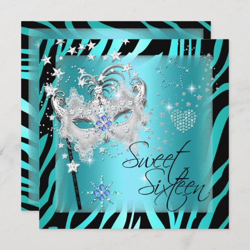 Masquerade Sweet Sixteen Sweet 16 Teal Zebra Invitation