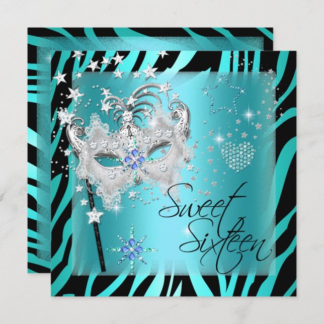 Masquerade Sweet Sixteen Sweet 16 Teal Zebra Invitation (Front/Back)