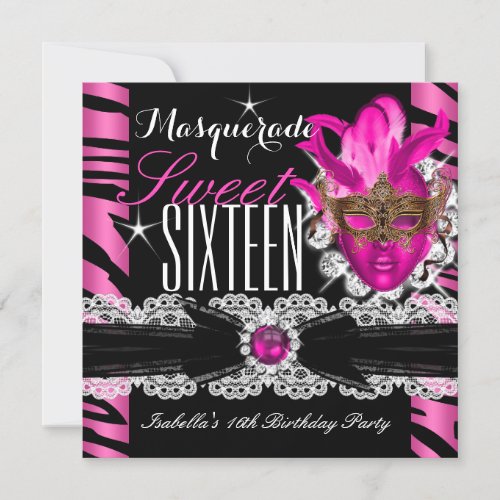 Masquerade Sweet Sixteen Sweet 16 Zebra Pink Invitation