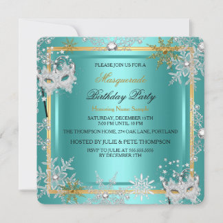 Masquerade Teal Blue Gold Snowflake Silver Mask 2 Invitation