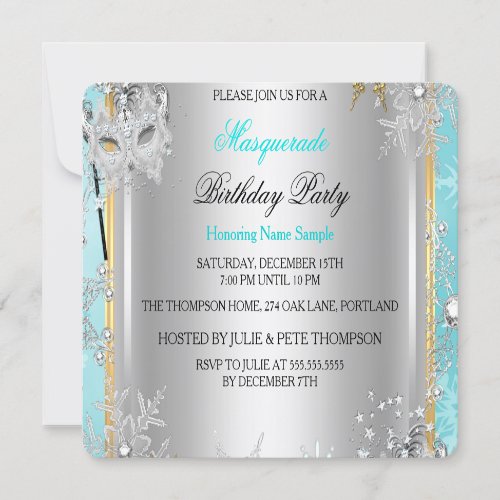 Masquerade Teal Blue Gold Snowflakes Silver Masks RSVP Card