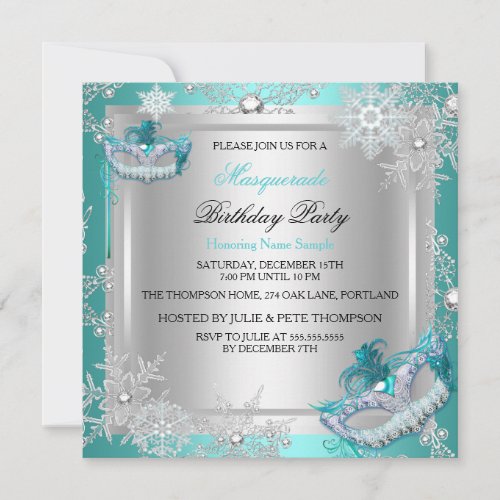 Masquerade Teal Blue Silver Snowflakes Masks Party Invitation