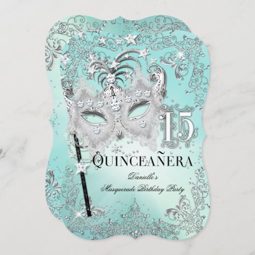 Masquerade Teal Silver Quinceanera Birthday Invite