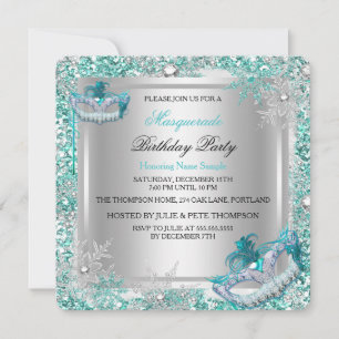 Masquerade Teal Silver Snowflakes Masks Party Invitation