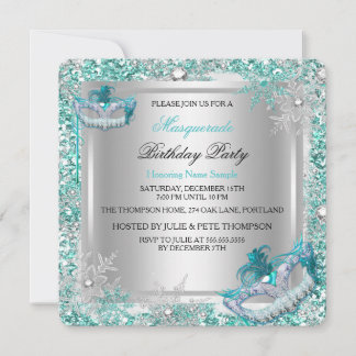Masquerade Teal Silver Snowflakes Masks Party Invitation