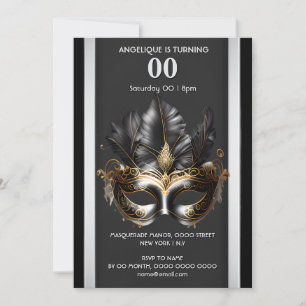 Masquerade theme carnival black silver feather mas invitation