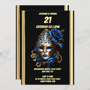 Masquerade theme carnival blue gold mask masked invitation