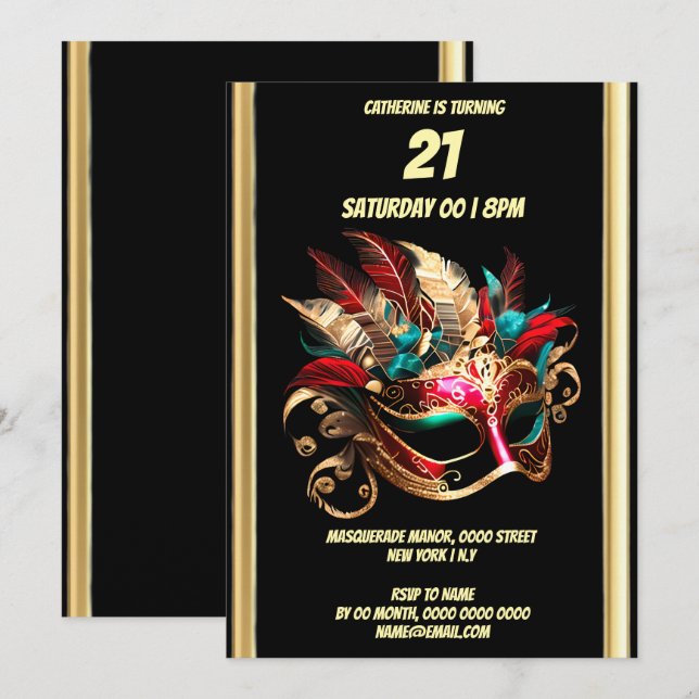 Masquerade theme carnival blue gold teal mask invitation (Front/Back)