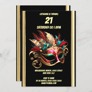Masquerade theme carnival blue gold teal mask invitation