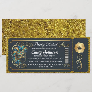 Masquerade Ticket Birthday Invitation Teal Gold