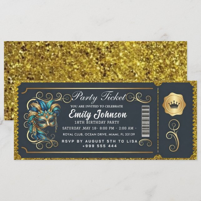 Masquerade Ticket Birthday Invitation Teal Gold (Front/Back)
