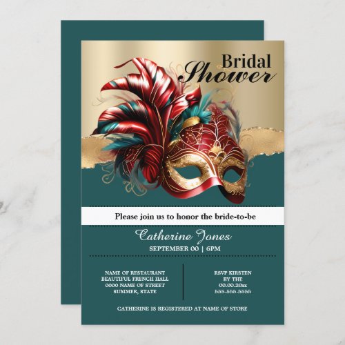 Masquerade Venetian mask feathers bridal shower  Invitation