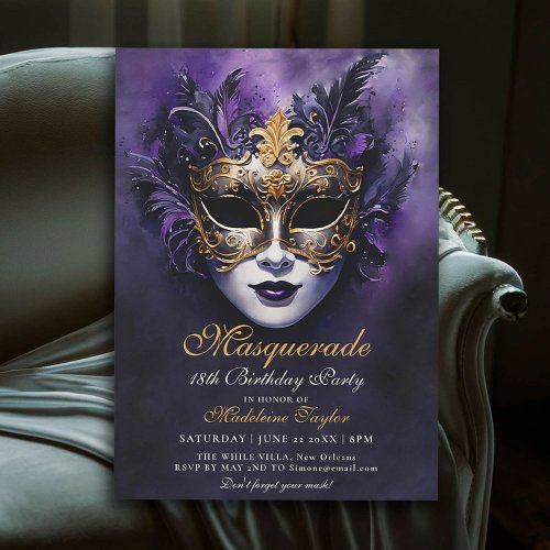 Masquerade Venetian Mask Gold Purple 18th Birthday Invitation