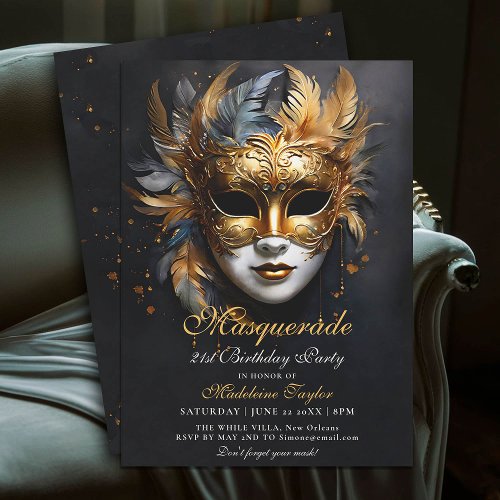 Masquerade Venetian Mask Gold Purple 21st Birthday Invitation