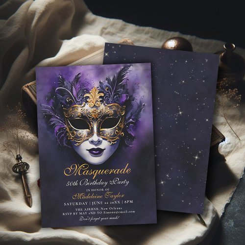 Masquerade Venetian Mask Gold Purple 50th Birthday Invitation