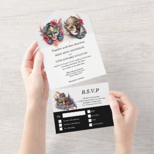 Masquerade wedding bride groom venetian masks all in one invitation