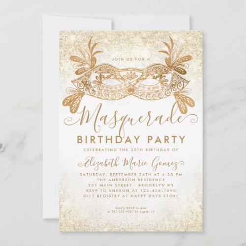 Masquerade White Gold Glitter Dust Birthday Party Invitation
