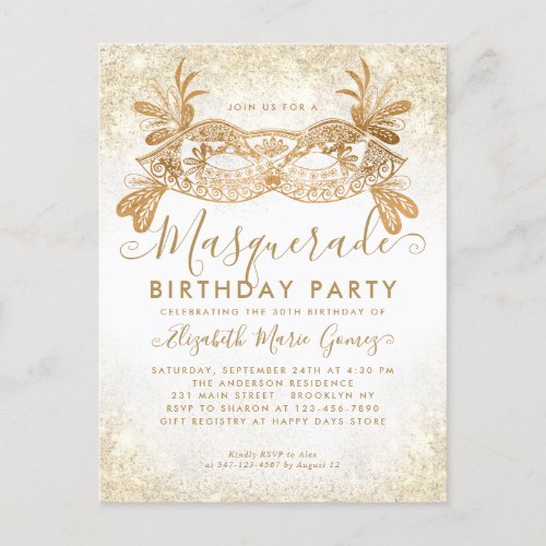 Masquerade White Gold Glitter Dust Birthday Party Postcard
