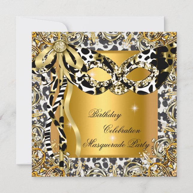 Masquerade Wild Black White Gold Mask Birthday Invitation (Front)