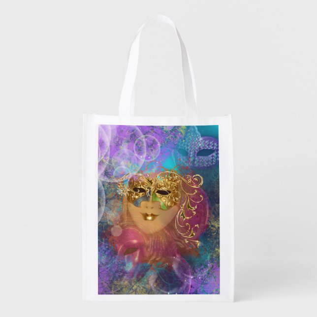 Masquerade woman gold mask reusable grocery bag (Front)