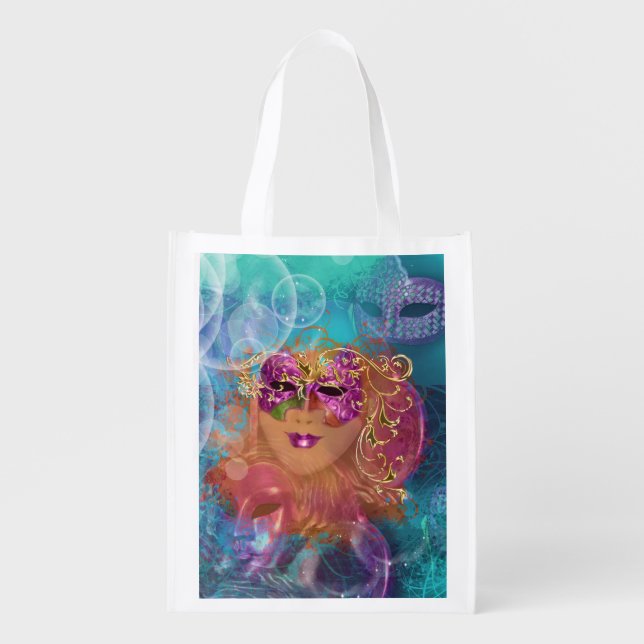 Masquerade woman pink gold mask reusable grocery bag (Front)