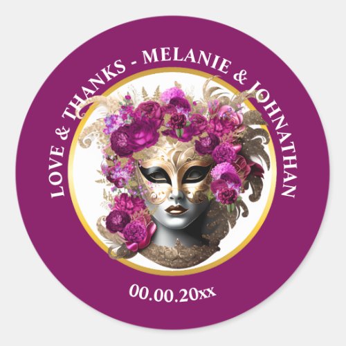 Masquerade womans face rose flower pink burgundy classic round sticker