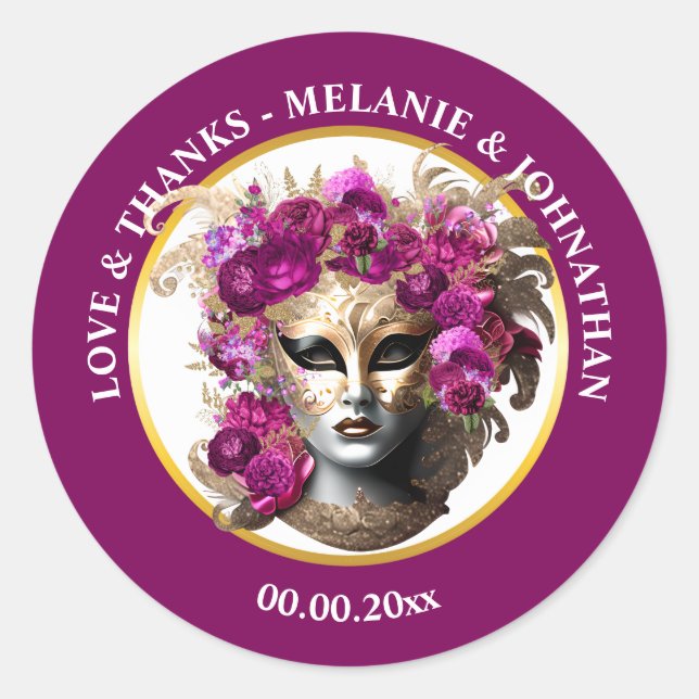 Masquerade woman's face rose flower pink burgundy classic round sticker (Front)