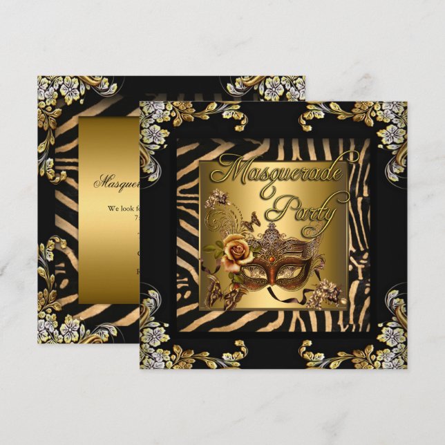 Masquerade Zebra Coffee Black Gold Birthday Party Invitation (Front/Back)
