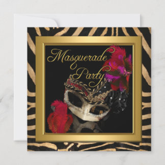 Masquerade Zebra Mask Red Gold Birthday Party Invitation