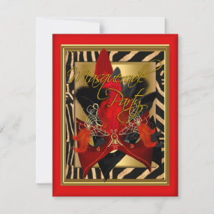 Masquerade Zebra Mask Red Gold Birthday Party Invitation