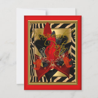 Masquerade Zebra Mask Red Gold Birthday Party Invitation