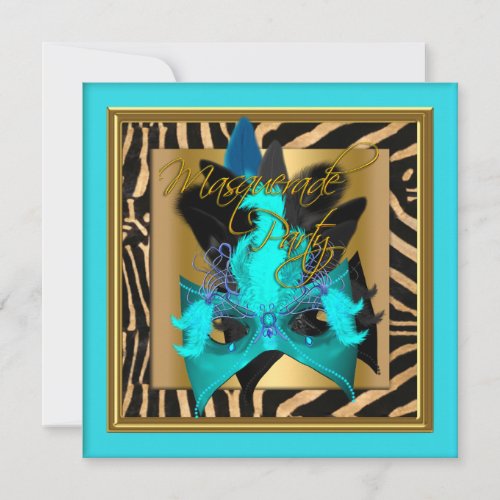 Masquerade Zebra Mask Teal Gold Birthday Party Invitation