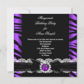Masquerade Zebra Purple Birthday Party Invitation | Zazzle