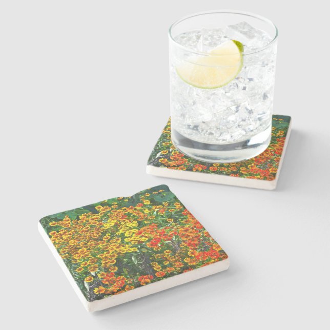 MASS OF DAINTY ORANGE, GOLD AND YELLOW FLOWERS STONE COASTER (Side)
