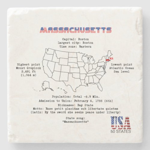 Massachusetts American state on a map and details Stone Coaster
